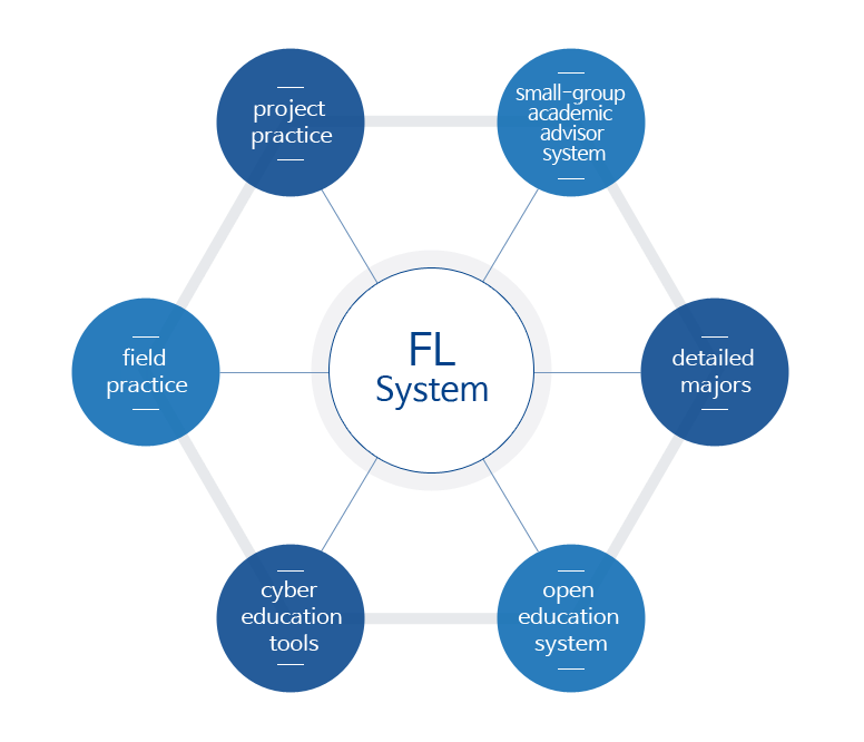 FL System: project practice, small-group academic advisor system, detailed majors, open education system, cyber education tools, and field practice