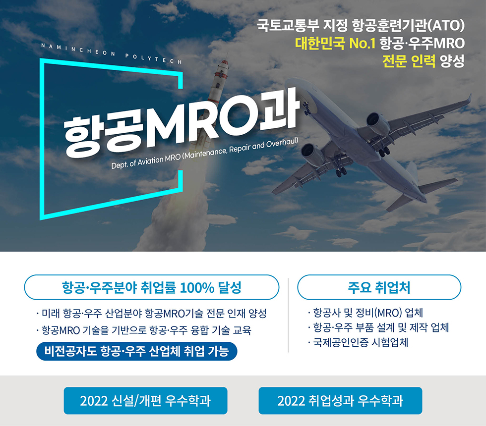 NAMINCHEON POLYTECH 항공MRO과 Dept. of Aviation MRO (Maintenance, Repair and Overhaul) 국토교통부 지정 항공훈련기관(ATO) 대한민국 No.1 항공·우주MRO 전문 인력 양성  - 항공·우주분야 취업률 100% 달성 · 미래 항공·우주 산업분야 항공 MRO기술 전문 인재 양성 · 항공MRO 기술을 기반으로 항공·우주 융합 기술 교육 비전공자도 항공·우주 산업체 취업 가능  - 주요 취업처 · 항공사 및 장비(MRO)업체 · 항공·우주 부품 설계 및 제작 업체 · 국제공인인증 시험업체  2022 신설/개편 우수학과 2022 취업성과 우수학과